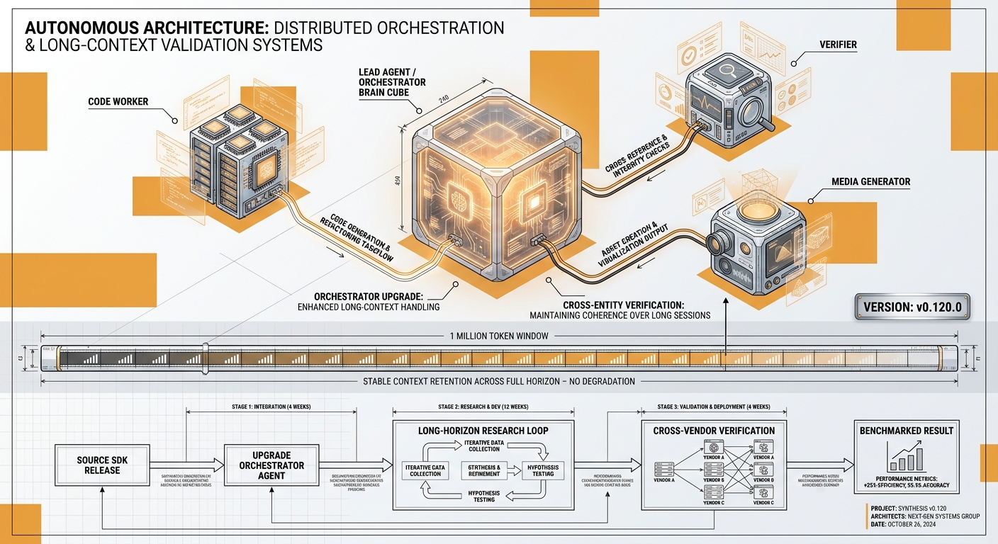 A central orchestrator brain cube wired to three satellite worker modules with a stable one-million-token context bar and a v0.120.0 version badge