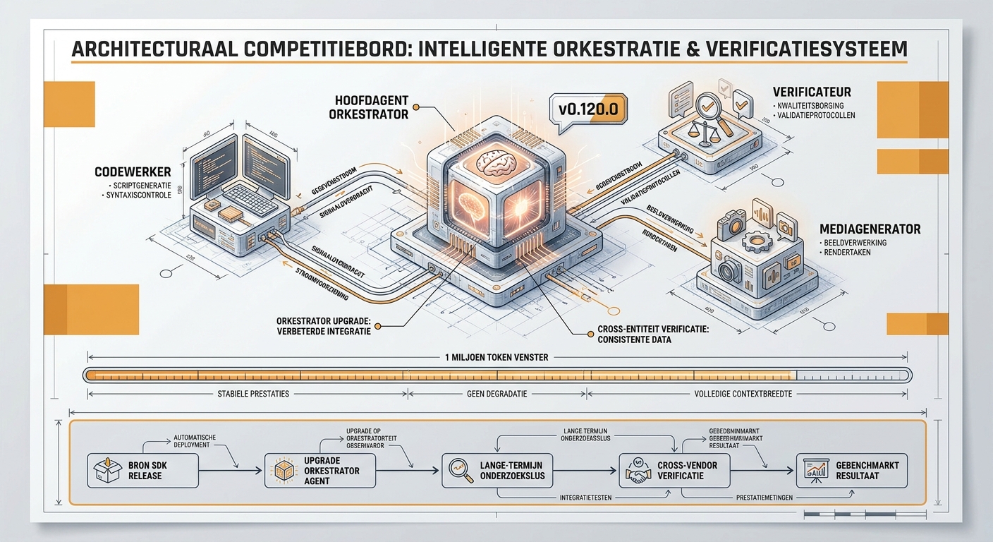 Een centrale orchestrator-breincube verbonden met drie satelliet-workermodules met een stabiele context van een miljoen tokens en een versiebadge v0.120.0