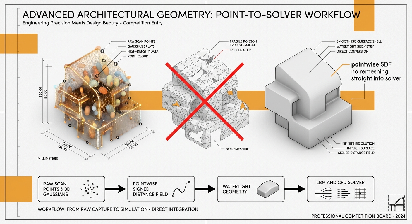 A raw point cloud and Gaussian splat of a building maquette turning directly into a smooth signed-distance-field shell with the triangle-mesh step crossed out