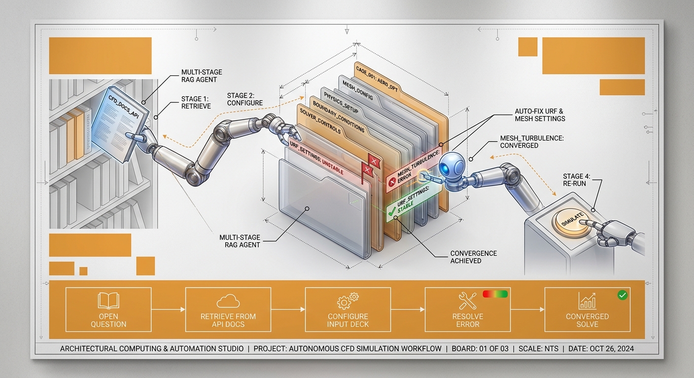 A multi-stage retrieval-augmented agent reading a documentation library and correcting a red error flag on a CFD input deck until it converges green