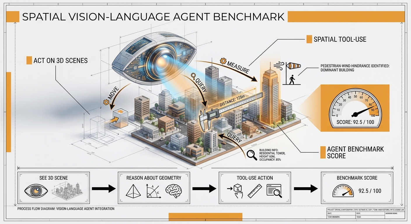 A vision-language agent eye reaching into a small 3D city scene with tool-use arrows to move and query buildings, scored by a benchmark gauge
