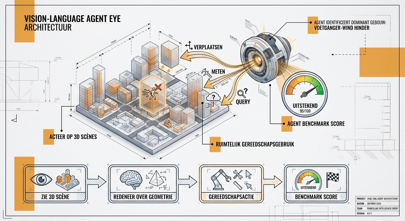 Een vision-language-agentoog reikt met tool-use-pijlen in een kleine 3D-stadscene om gebouwen te verplaatsen en te bevragen, beoordeeld door een benchmark-meter
